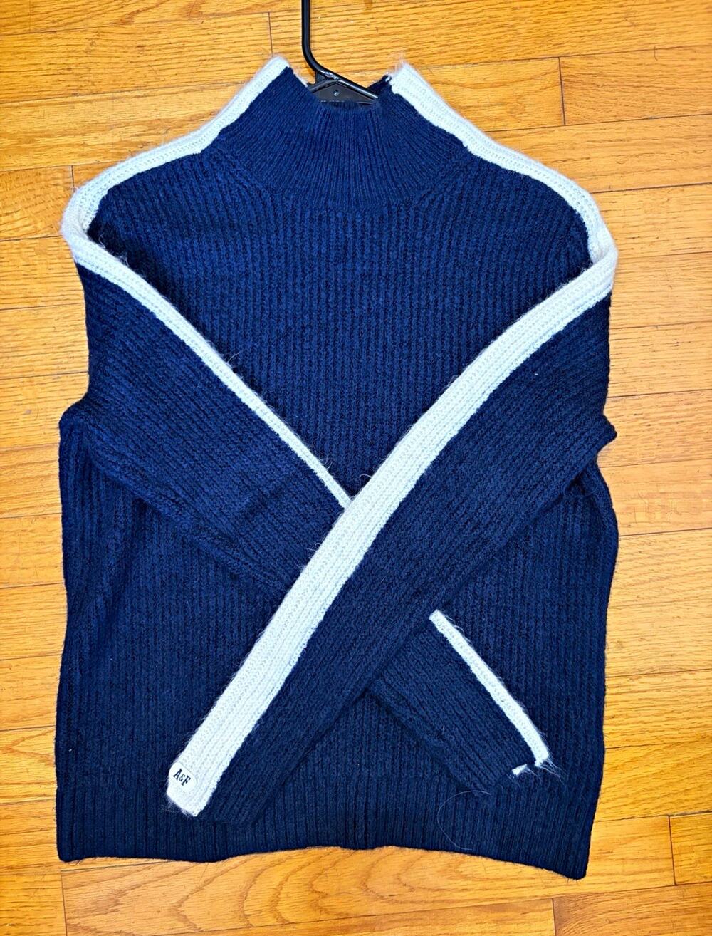 Abercrombie & Fitch Unisex M Blue/White Colorblock Rib-Knit Mock Neck Pullover